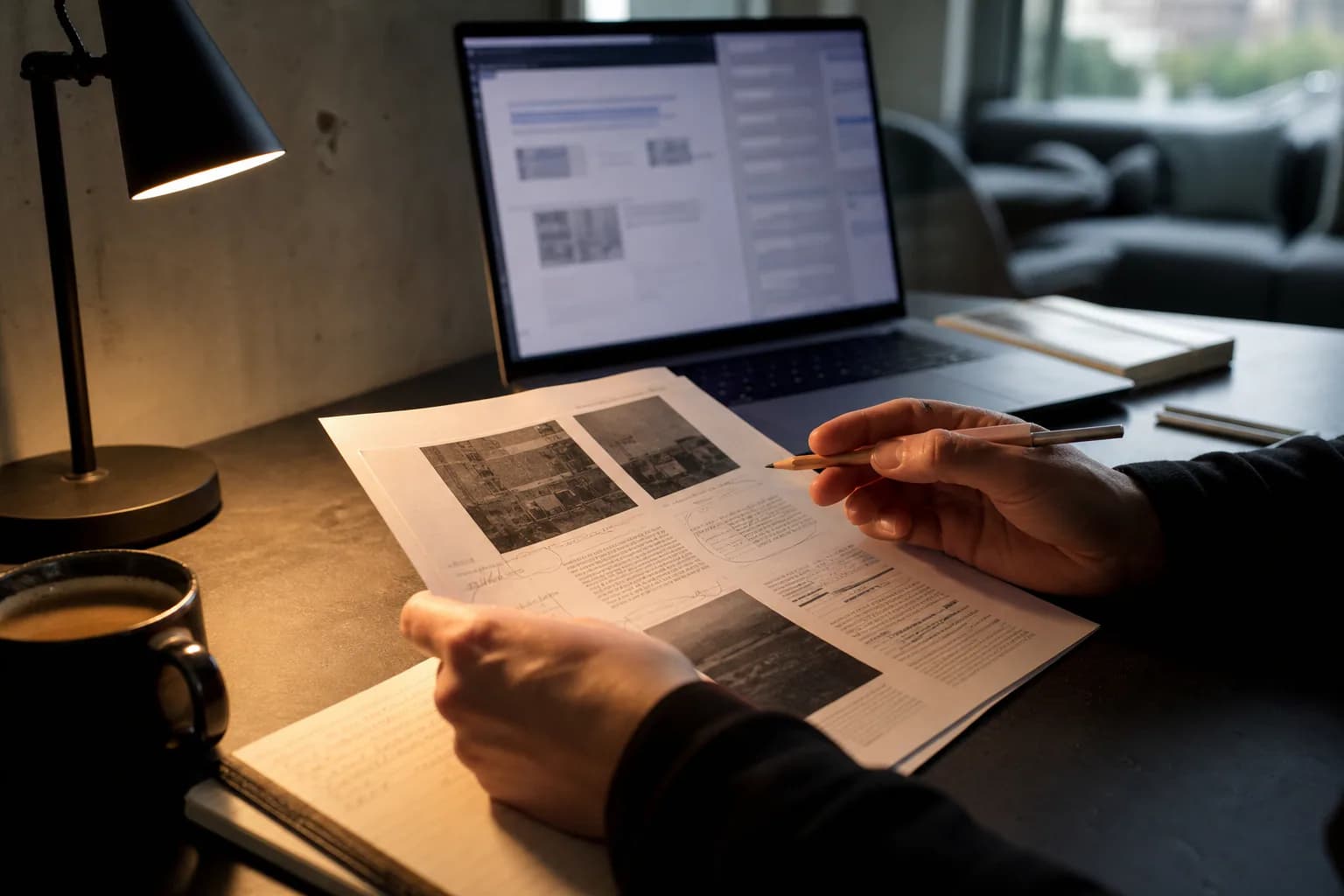 An editor’s hands reviewing a printed article beside a laptop in an evening workspace.